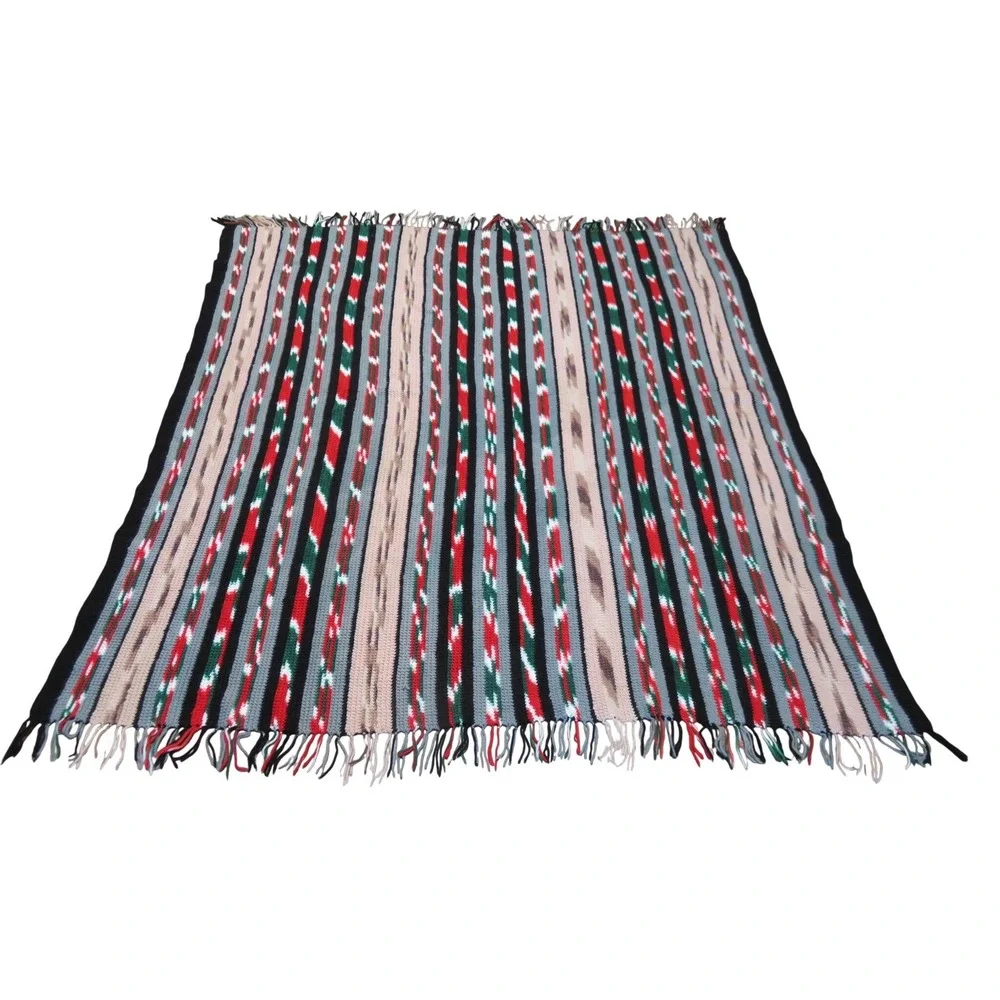 Handmade Crochet Southwestern Style‎ Throw Afghan Red Green Black Fringed Boho